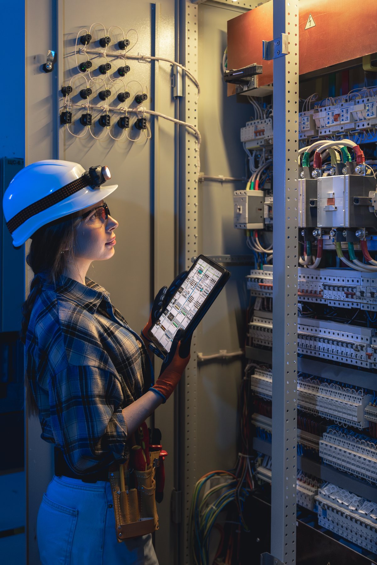 Técnica revisando un tablero de maniobra eléctrica con una tableta